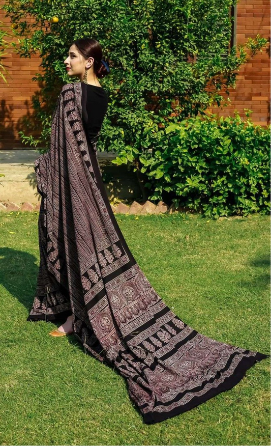 Brown Striped Ajrakh Printed Silk Blend Saree