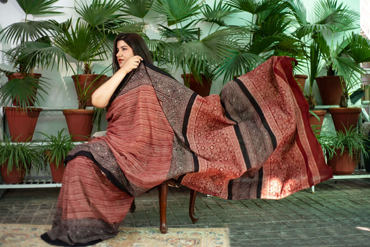Maroon Ajrakh Printed Silk Blend Saree