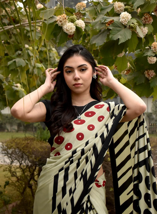 Cream Geometric Print Silk Blend Saree