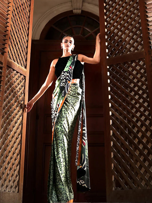 Bold Green Leopard Print Satin Silk Saree - Animal Print Designer Drape