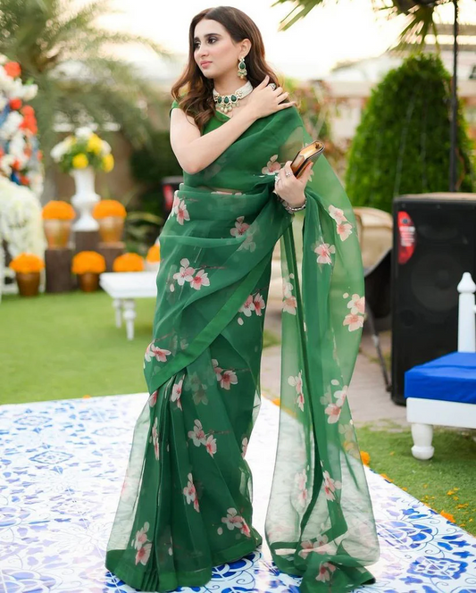 Green Floral Organza Saree - with Unstitched Blouse Piece