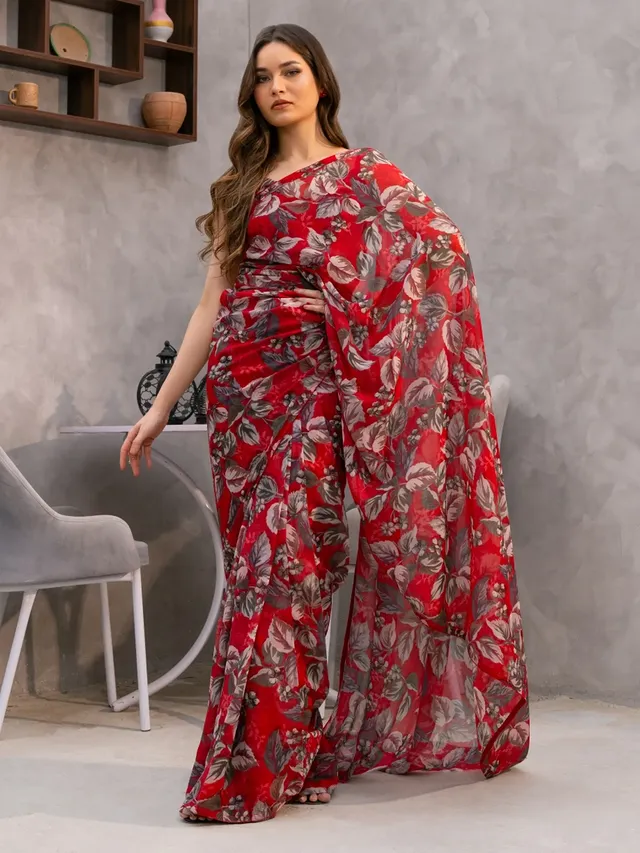 Elegant Red Floral Silk Blend Saree with Unstitched Blouse