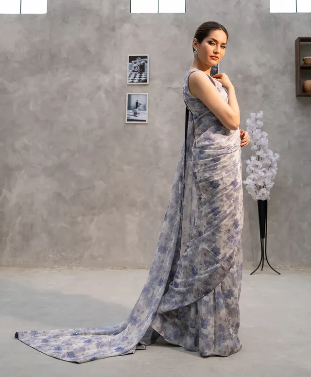 Elegant Grey Floral Silk Blend Saree with Unstitched Blouse
