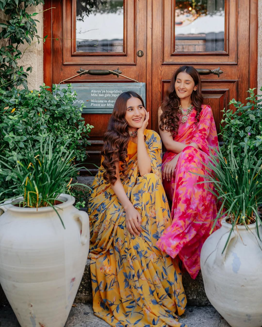 Floral Silk Blend Saree Combo - Yellow & Pink Set