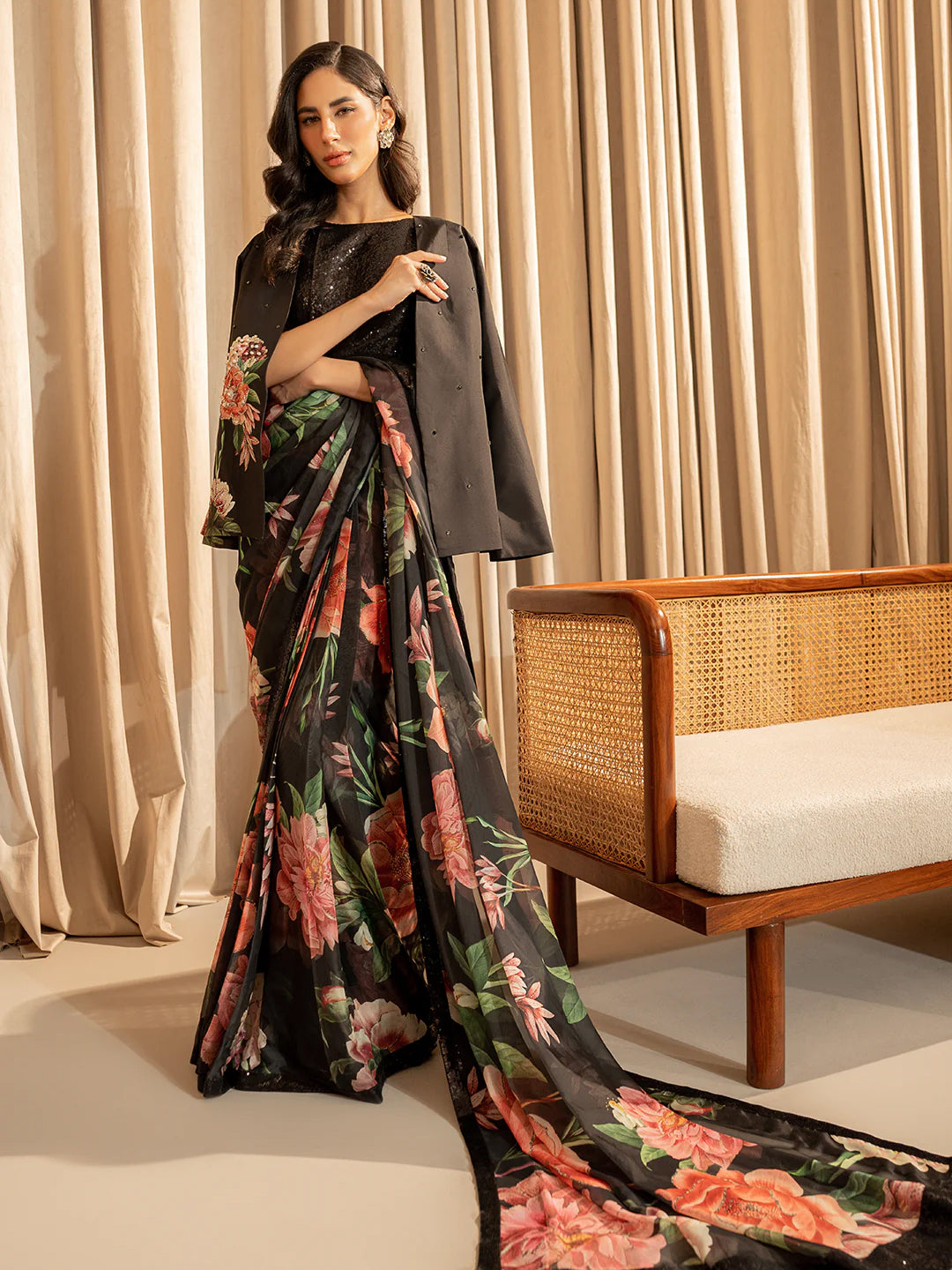 Floral Silk Blend Saree - Black with Red Roses