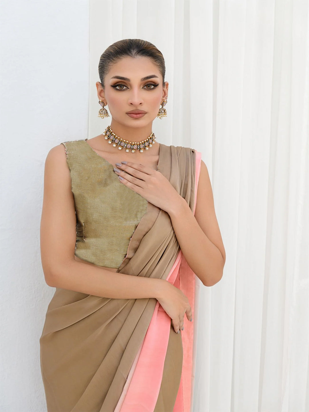 Beige Coral Silk Blend Saree – Contemporary Drape Style Party Wear