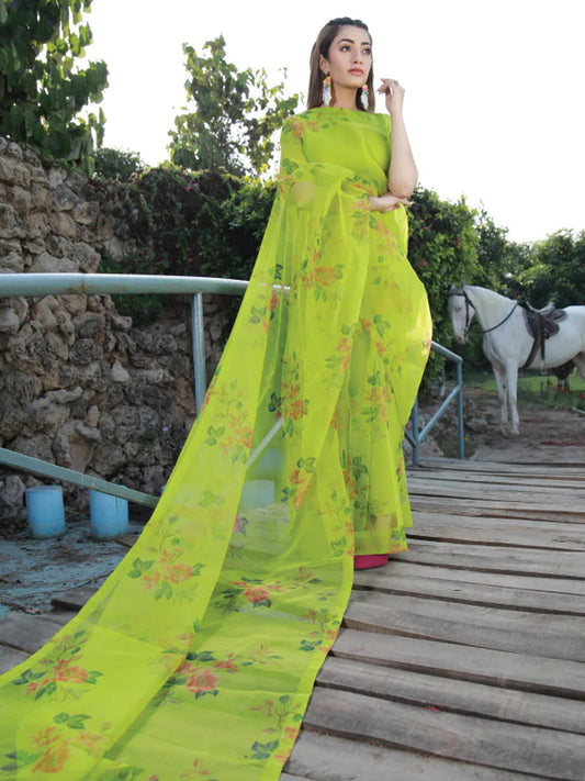 Lime Green Floral Print Saree - Fresh Organza with Unstitched Blouse