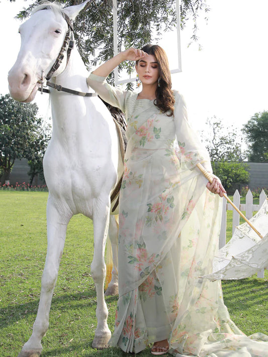 Elegant Floral Organza Saree - Light Grey with floral Print