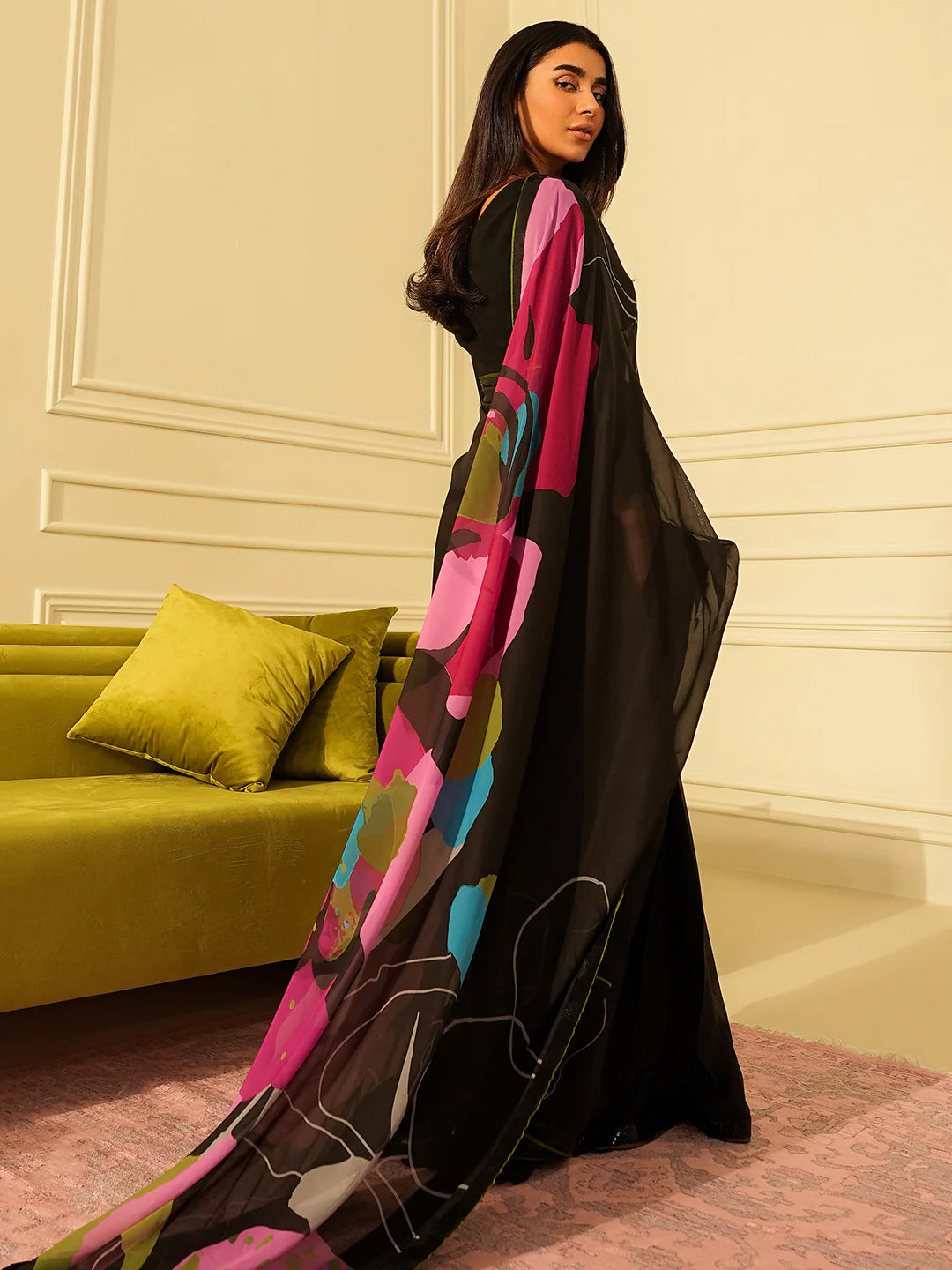 Black Abstract Design Saree - Designer Silk Blend with Unstitched Blouse