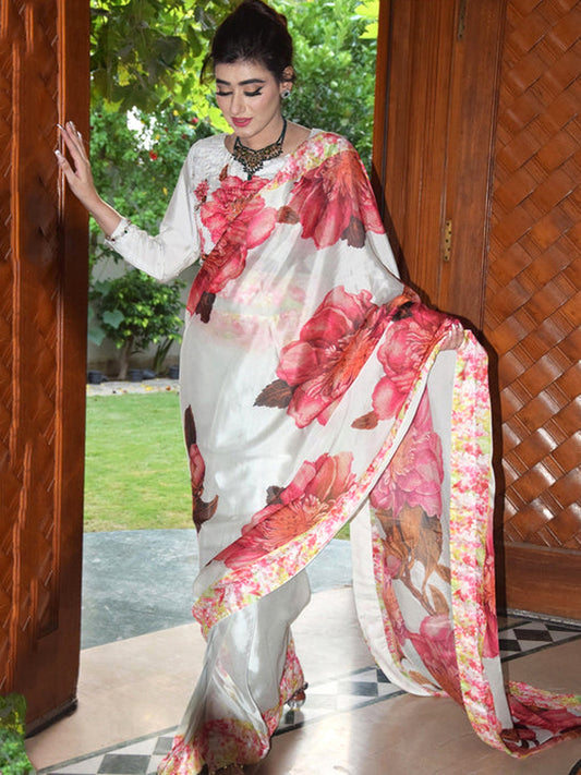 Elegant White Satin Silk Saree with Red Floral Print - Designer Drape