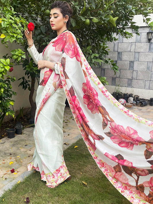 Elegant White Satin Silk Saree with Red Floral Print - Designer Drape