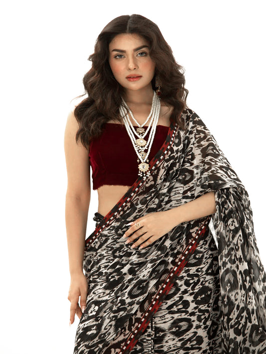 Black White Ikat Saree – Traditional Silk Blend with Maroon Blouse