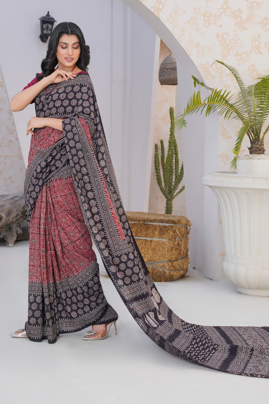 Red Black Ajrakh Printed Silk Blend Saree