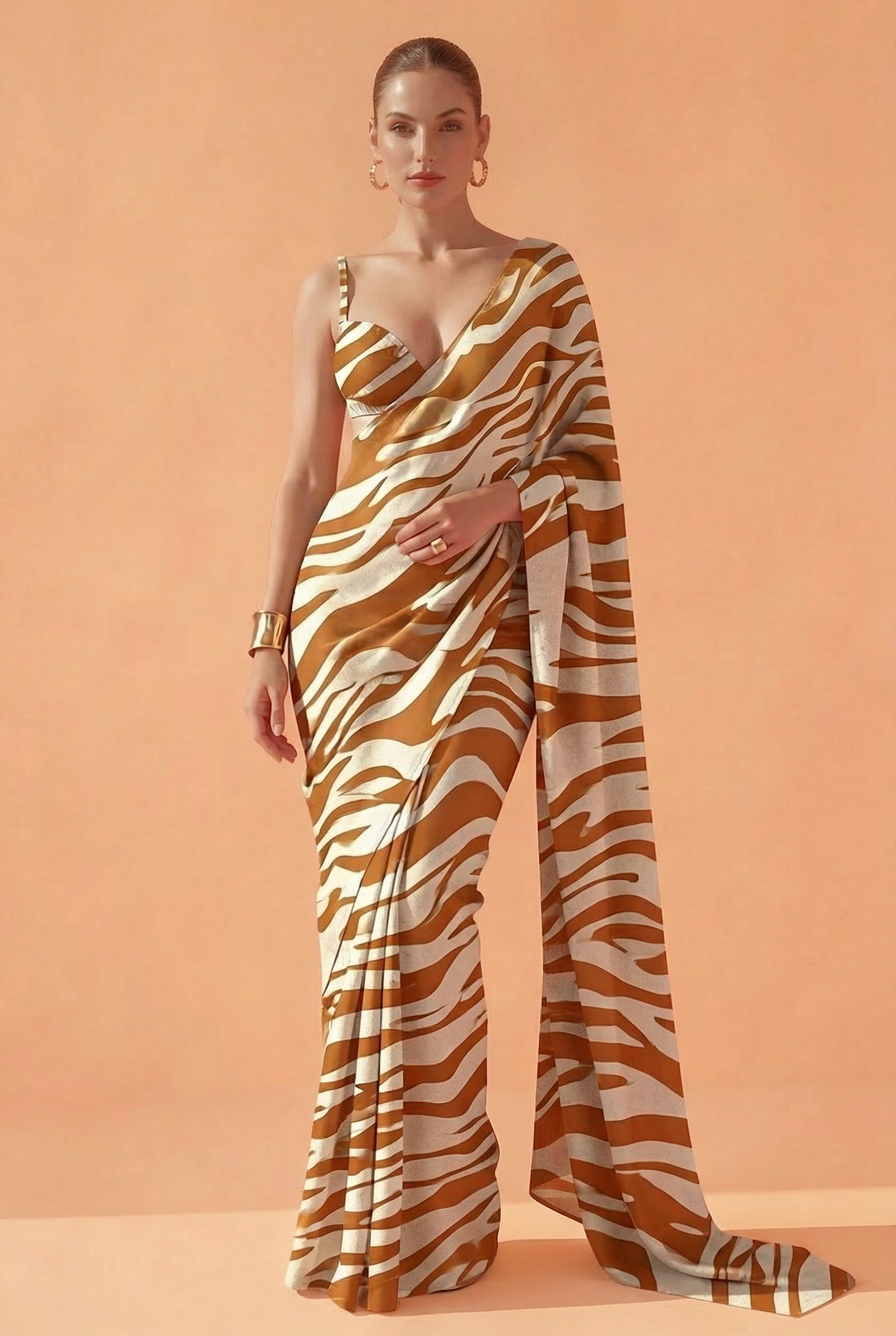 Brown & Cream Zebra Print Silk Blend Saree - Premium Animal Print Designer Saree