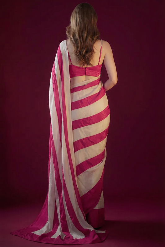 Premium Satin Silk Striped Saree - Pink & White