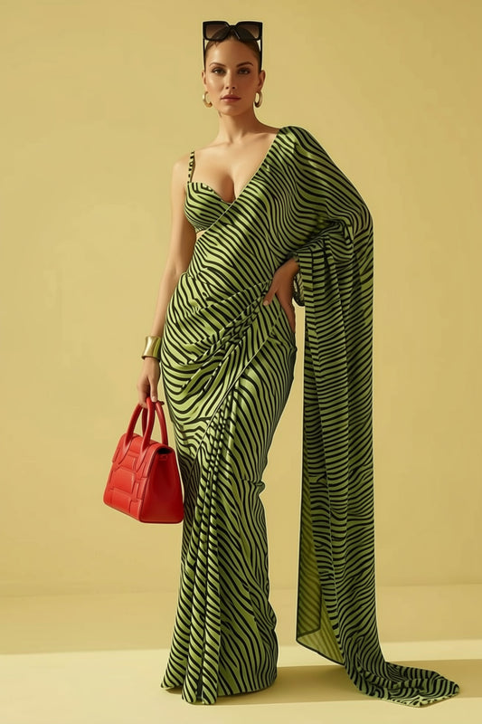 Green Zebra Printed Silk Blend fabric Saree