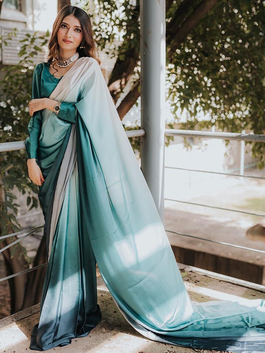 Elegant Teal Gradient Satin Silk Saree - Ombre Designer Drape