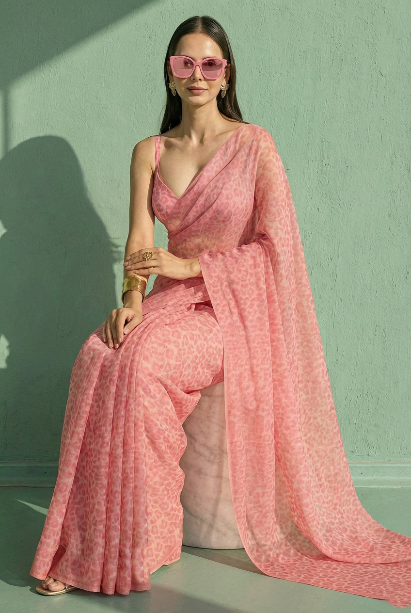 Baby Pink Leopard Printed Silk Blend Saree