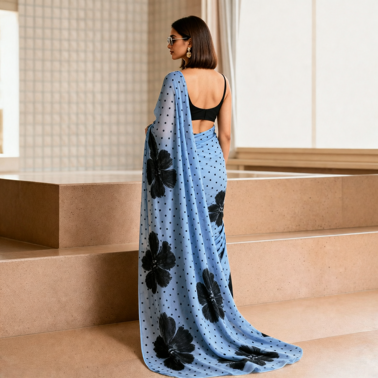 Sky Blue Floral & Polka Dot Georgette Saree