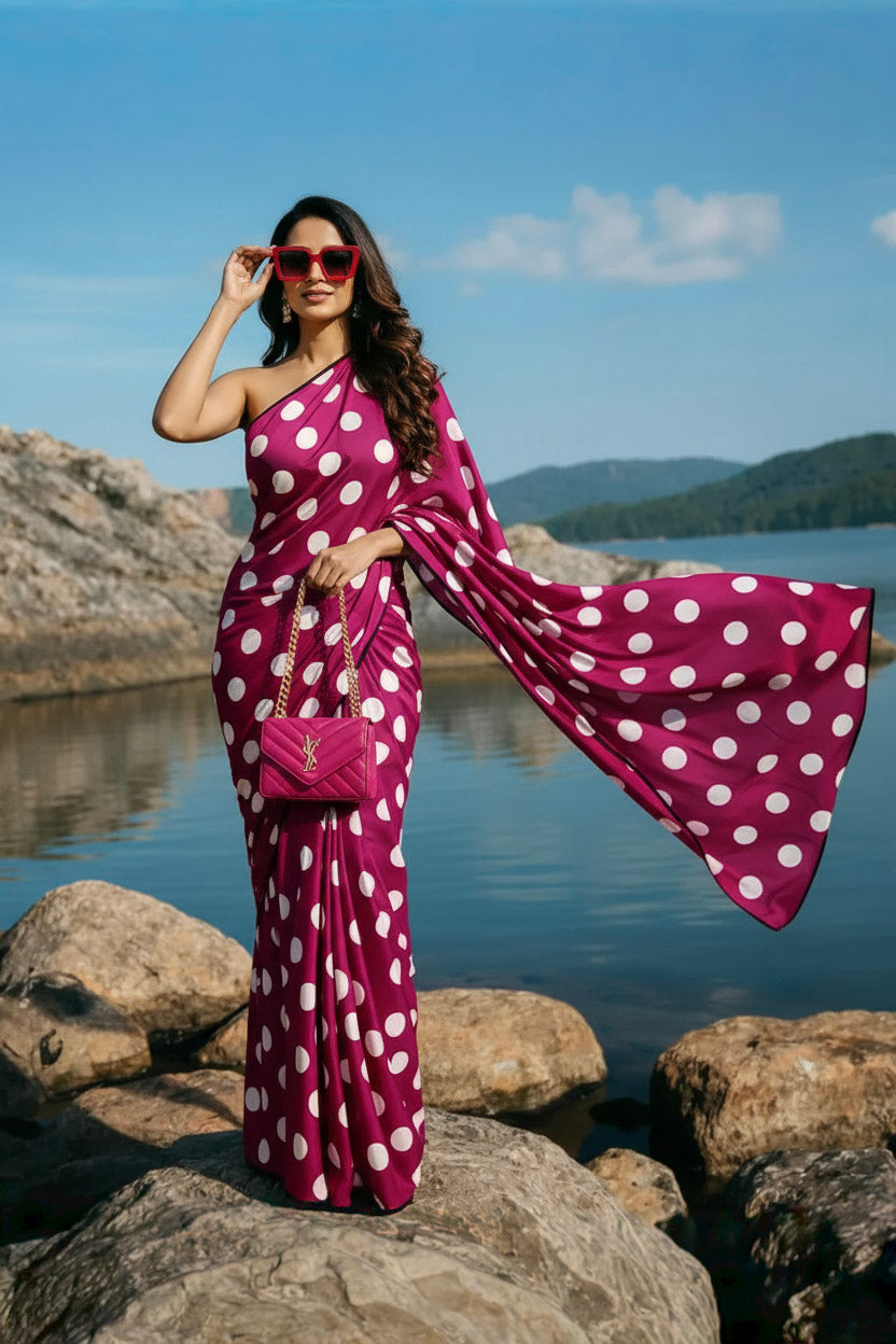Wine & White Polka Dot Silk Blend Saree