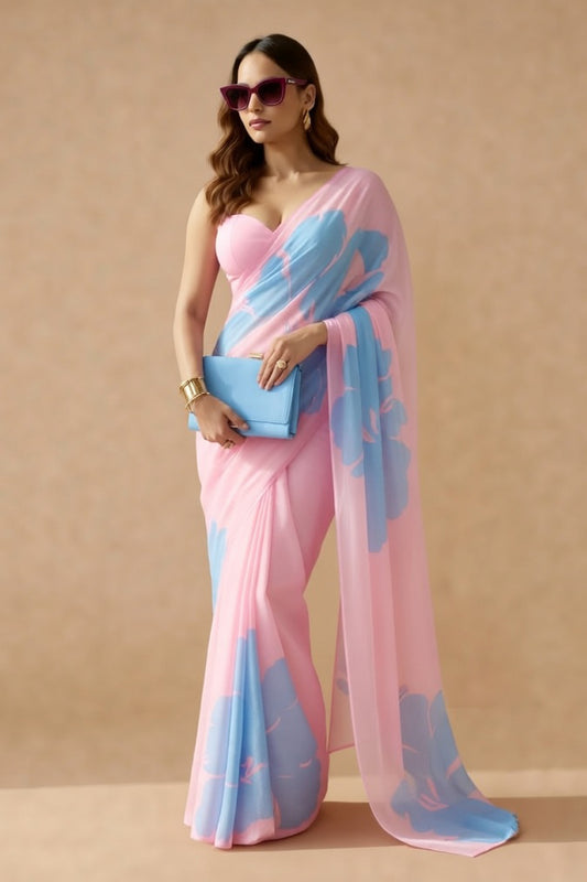 Pink & Blue Floral Print Georgette Saree