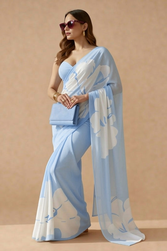 Sky Blue Floral Print Georgette Saree