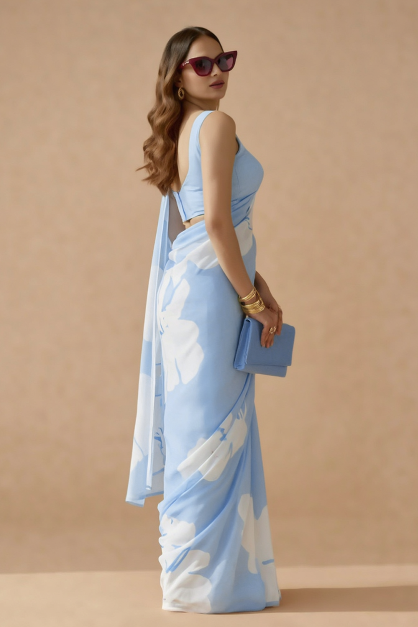 Sky Blue Floral Print Georgette Saree