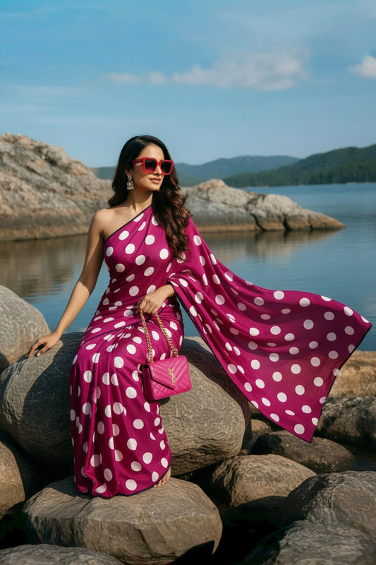 Wine & White Polka Dot Silk Blend Saree
