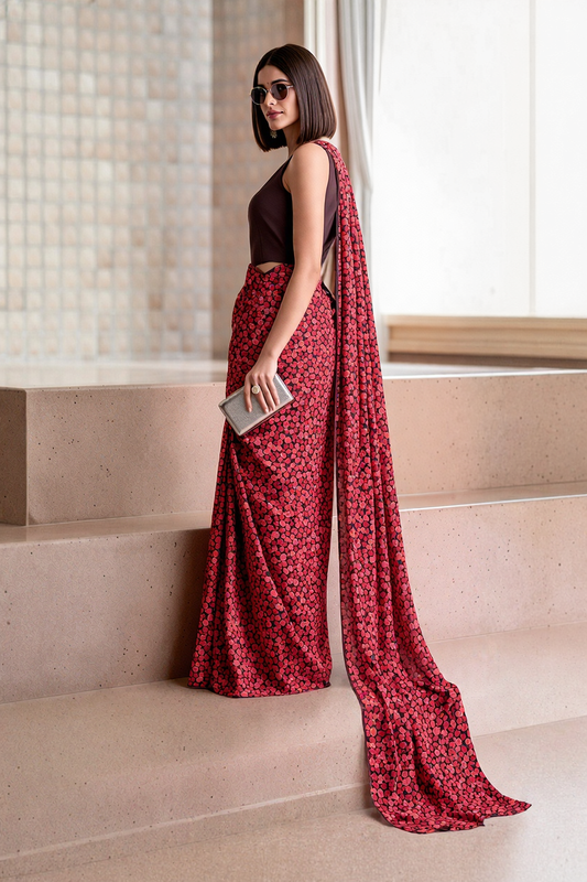 Deep Red Georgette Polka Floral Print Saree