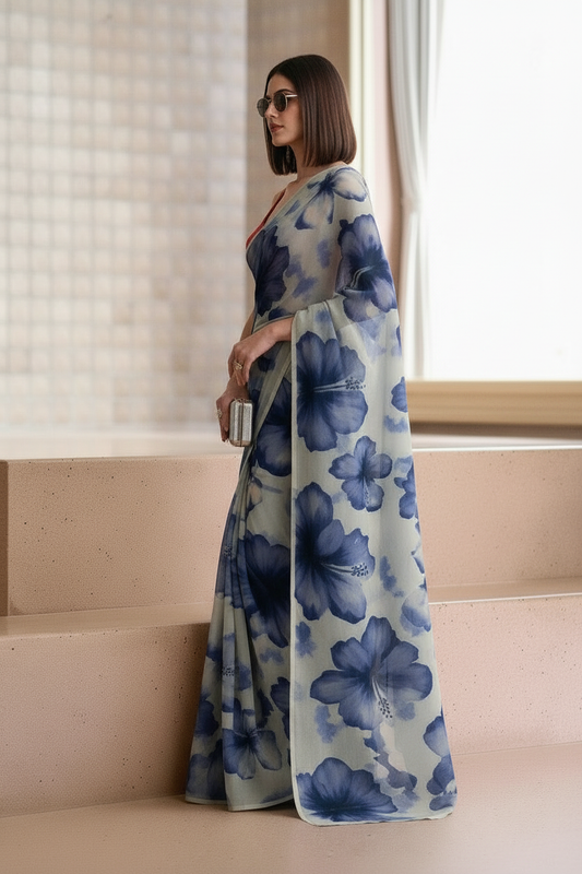 Hibiscus Print White & Blue Georgette Saree
