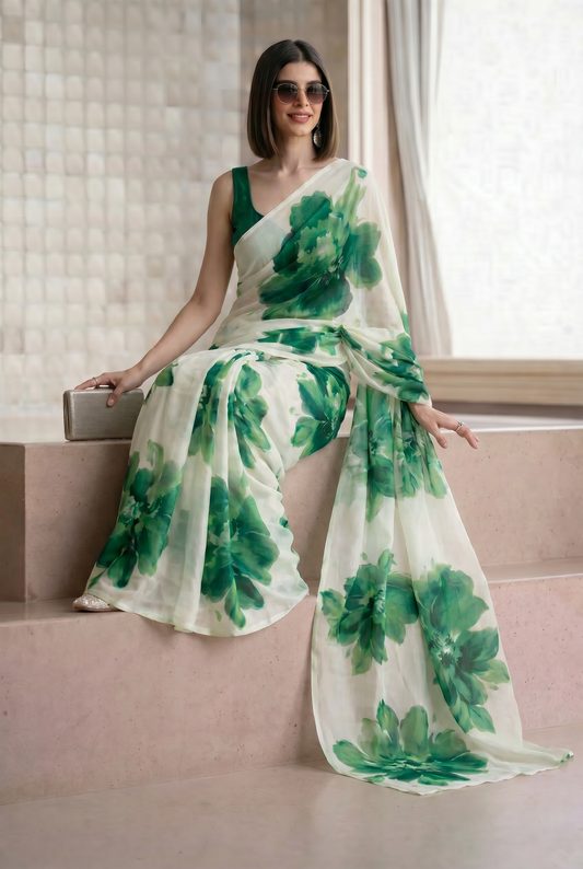 White & Green Georgette Floral Print Saree