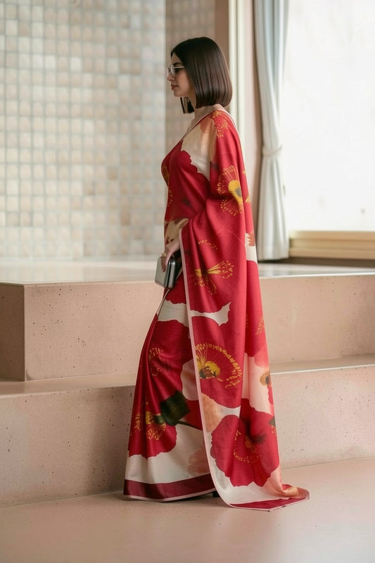 White & Red Silk Blend Oversized Poppy Print Saree