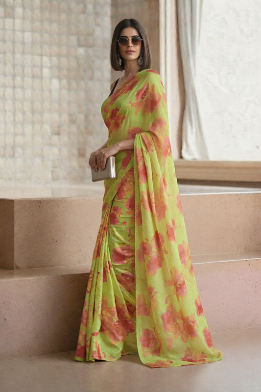 Lime Green Georgette Floral Print Saree