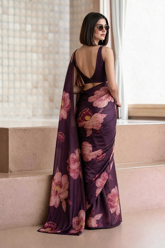Deep Plum Georgette Floral Print Saree