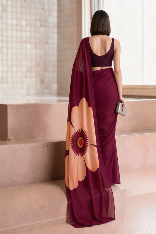 Wine Georgette Daisy Print Saree