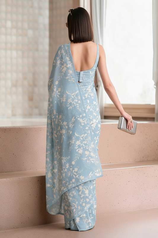 Powder Blue Georgette Floral Print Saree