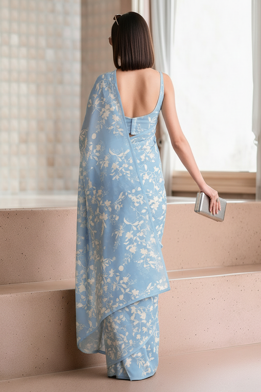 Powder Blue Georgette Floral Print Saree