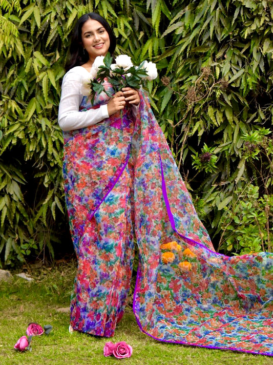 Vibrant Multicolor Organza Saree - Digital Floral Print with Purple Border