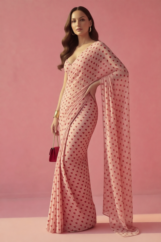 Blush Peach Mini Hearts Silk Blend Saree