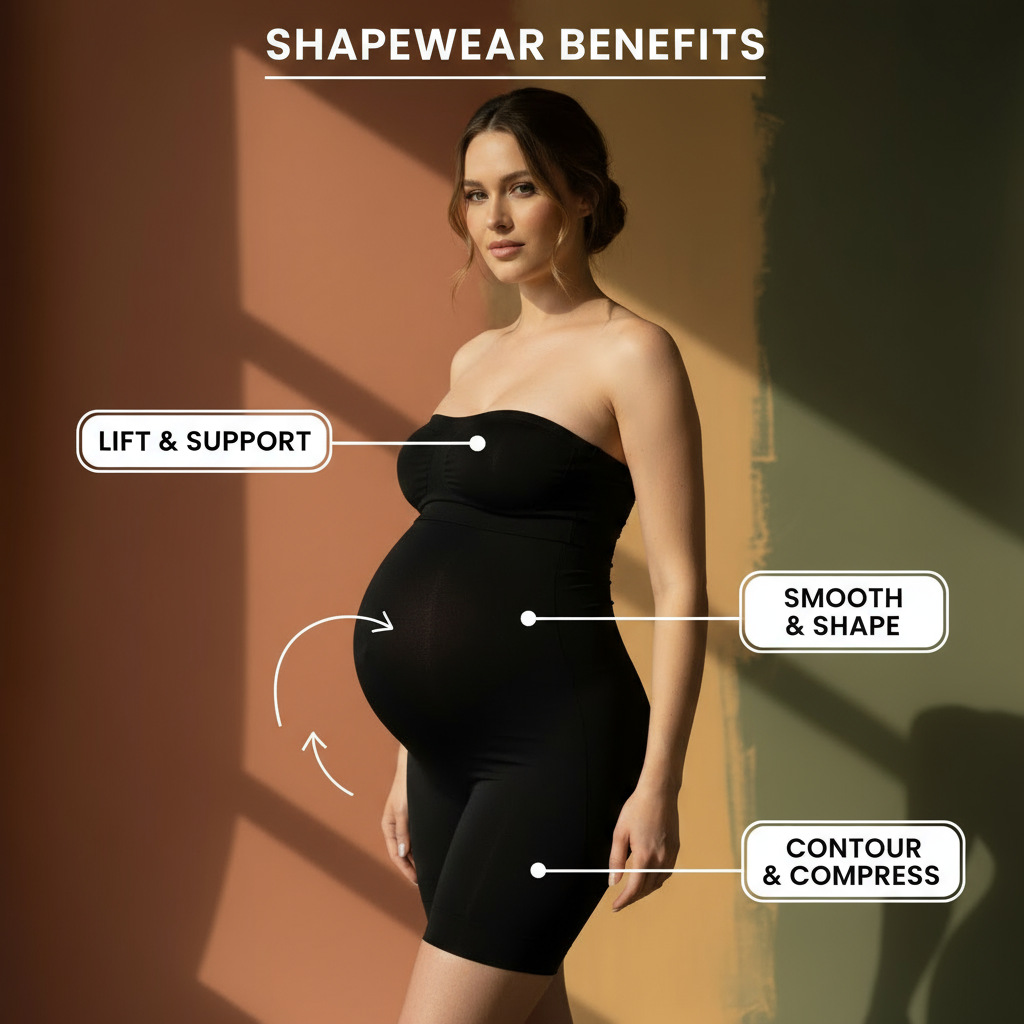 Black Maternity Shapewear Bodysuit with Mid-Thigh Shaper- Elegant Pregnancy Support