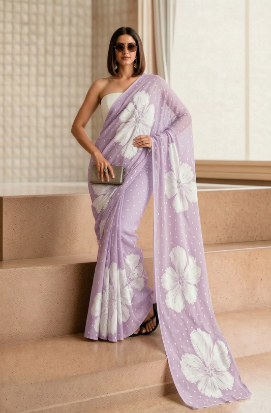 Lavender Floral & Polka Dot Georgette Saree