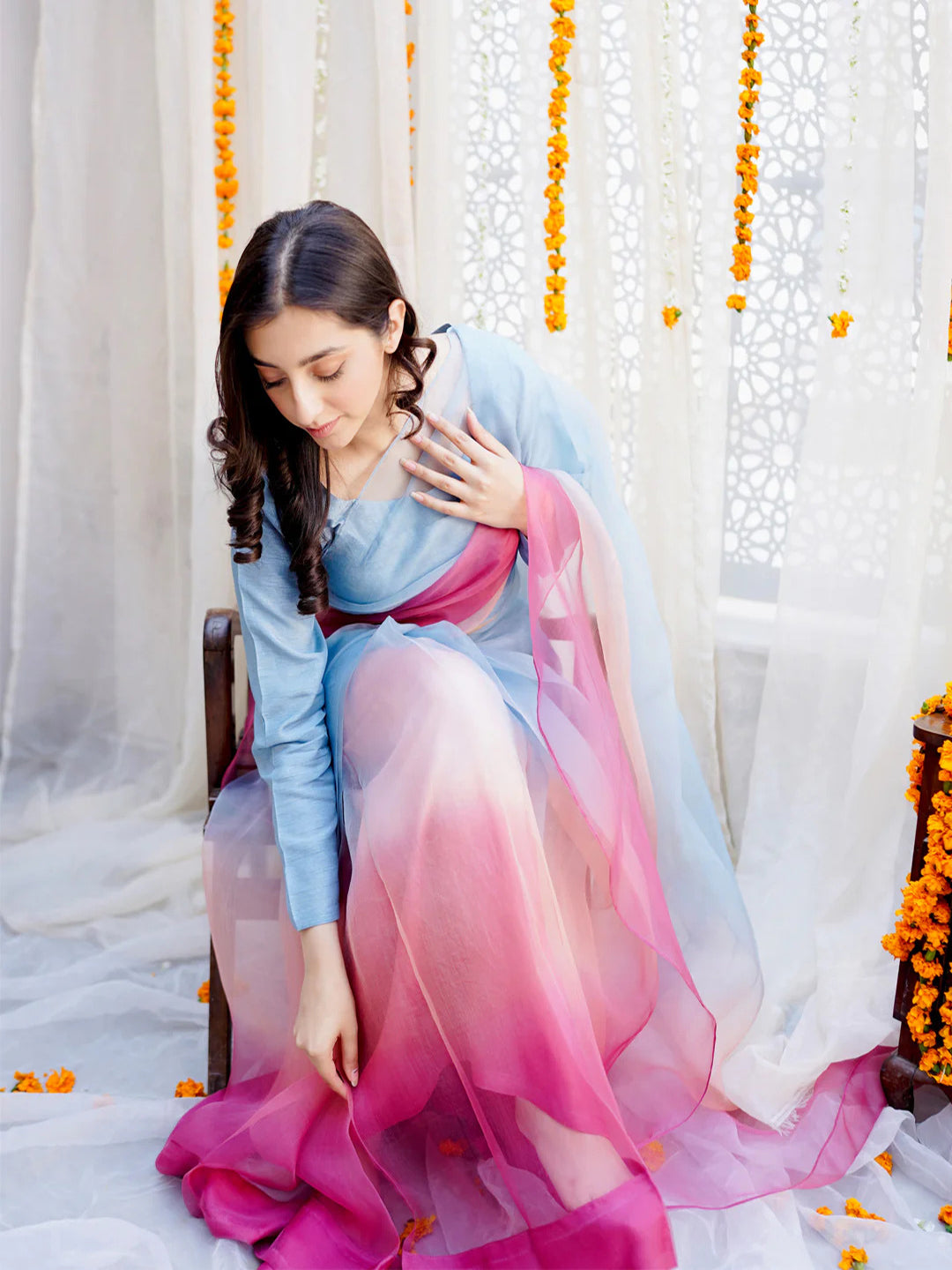 Blue to Pink Coral Ombre Organza Saree – Dreamy Designer Drape with Unstitched Blouse