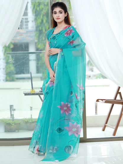 Stunning Peach Turquoise Organza Saree - Floral Print Design