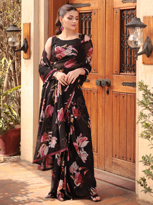 Black Floral Silk Blend Saree - Premium Printed Saree for Women