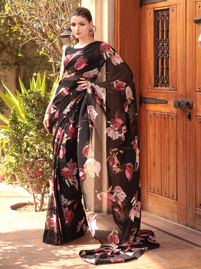 Black Floral Georgette Saree - Premium Printed Saree for Women