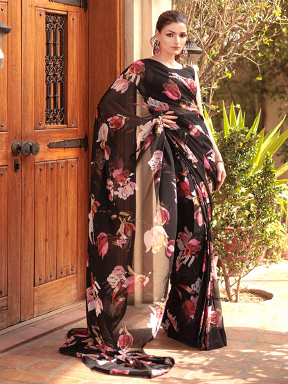 Black Floral Georgette Saree - Premium Printed Saree for Women