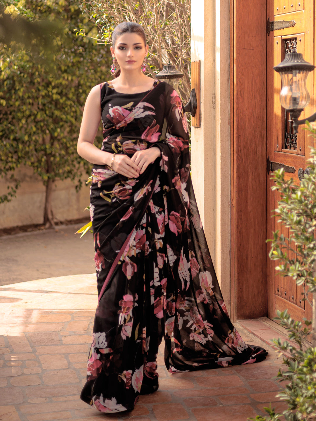 Black Floral Georgette Saree - Premium Printed Saree for Women