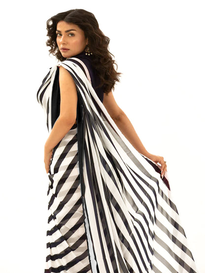Black & White Striped Silk Blend Saree – Modern Party Wear