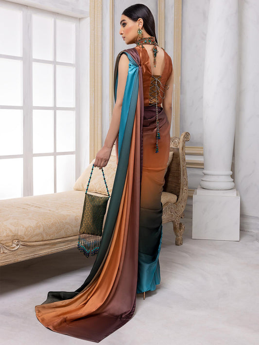 Rama Orange Gradient Satin Silk Saree - Multicolor Designer Drape