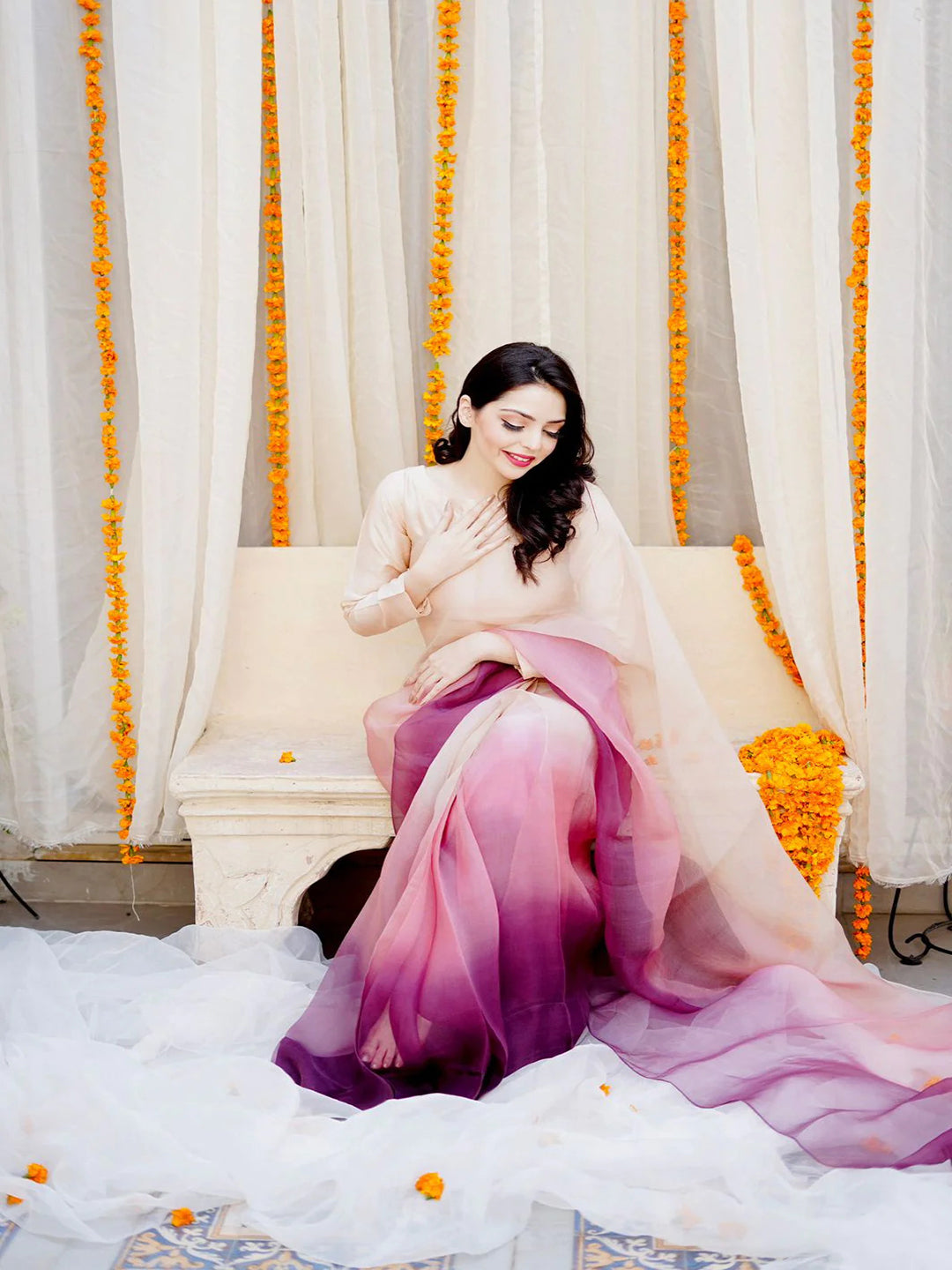Multicolor Ombre Organza Saree – Vibrant Gradient Designer Drape with Unstitched Blouse